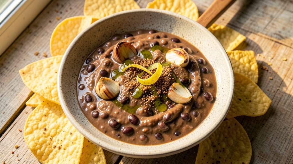 Basic Bean Dip Recipe: Crunchy Tortilla Topping Over Creamy Cumin Base