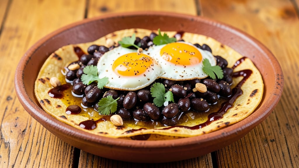 Black Bean Huevos Rancheros Recipe: Charred Tortilla Crunch Over Smoky Cumin Lime Base