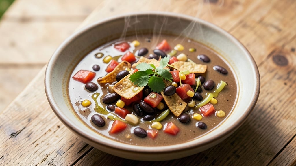 Black Bean Enchilada Soup Recipe: Tortilla-Stripped Cheese Swirls and Spiced Tomato Depth