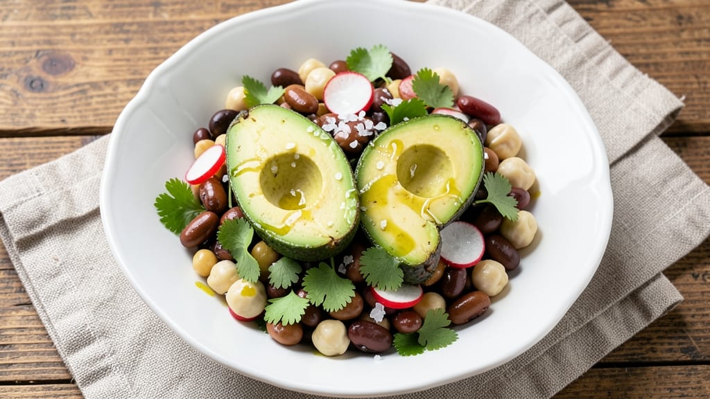Avocado and Three Bean Salad Recipe: Crunchy Tortilla Topping Meets Creamy Cumin Zing