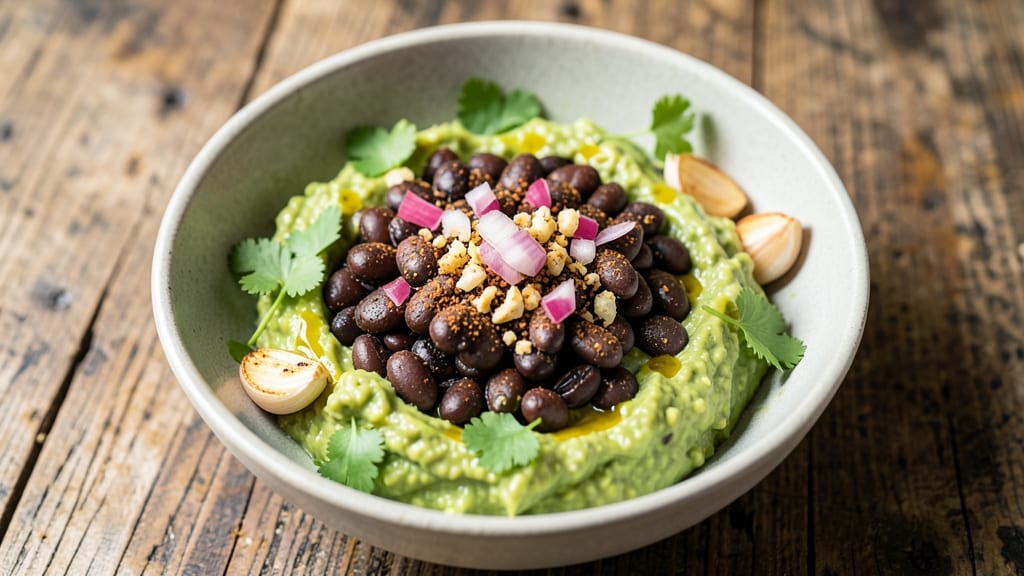 Bean and Guacamole Dip Recipe: Crunchy Tortilla Topping Meets Cool Avocado Cream