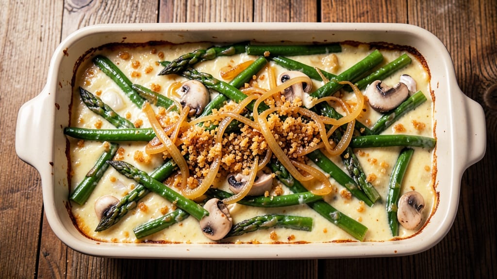 Asparagus and Green Bean Casserole Recipe: Crispy Fried Onion Crowns Over Creamy Mushroom Sauce