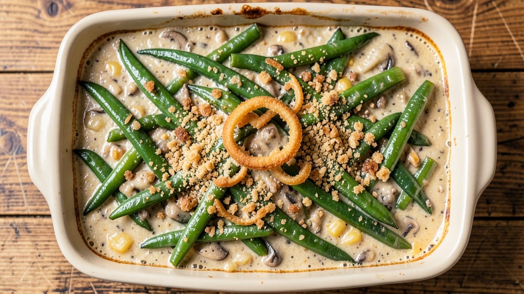 Binging With Babish Green Bean Casserole Recipe: Crispy Onion Topping Over Creamy Mushroom Sauce