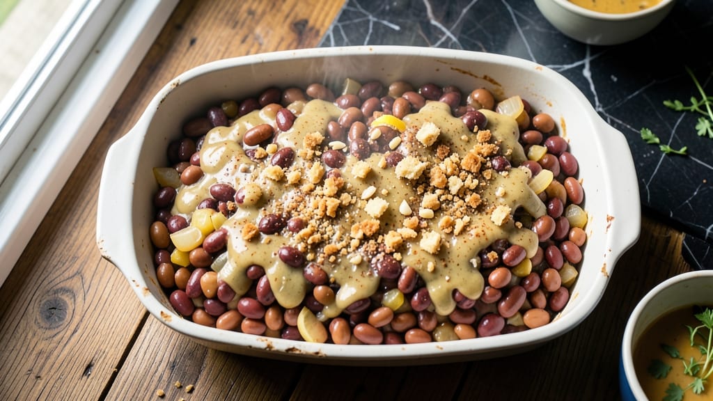 Bean and Bean Casserole Recipe: Crispy Tortilla Crowns Over Creamy Cumin Cheese