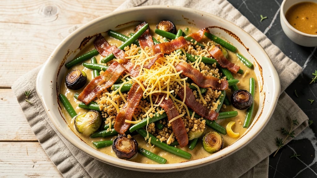 Bacon-Brussels Sprouts and Green Bean Casserole Recipe: Crispy Topped Comfort in One Dish