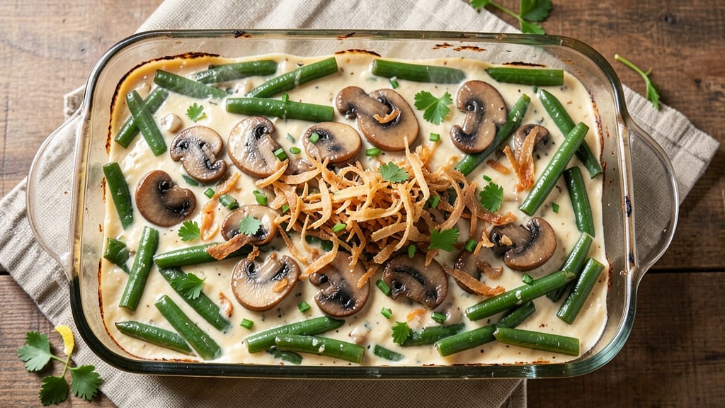8x8 Green Bean Casserole Recipe: Crispy Onion Topping Over Creamy Mushroom Sauce