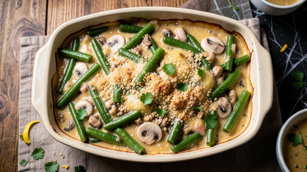 Big Green Bean Casserole Recipe: Crispy Topping Over Creamy Mushroom Sauce
