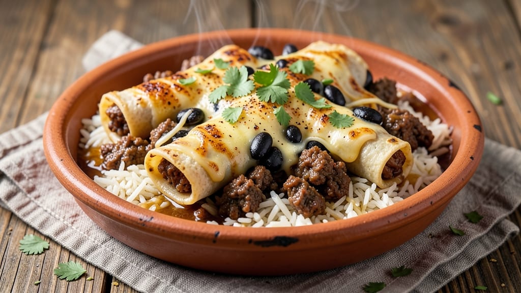 Beef Bean and Rice Enchilada Recipe: Smoky Tortilla Crunch Over Melty Cheese
