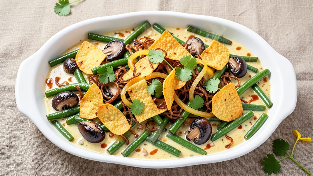 Asian Green Bean Casserole Recipe: Crispy Tortilla Crowns Over Creamy Coconut Mushroom Base