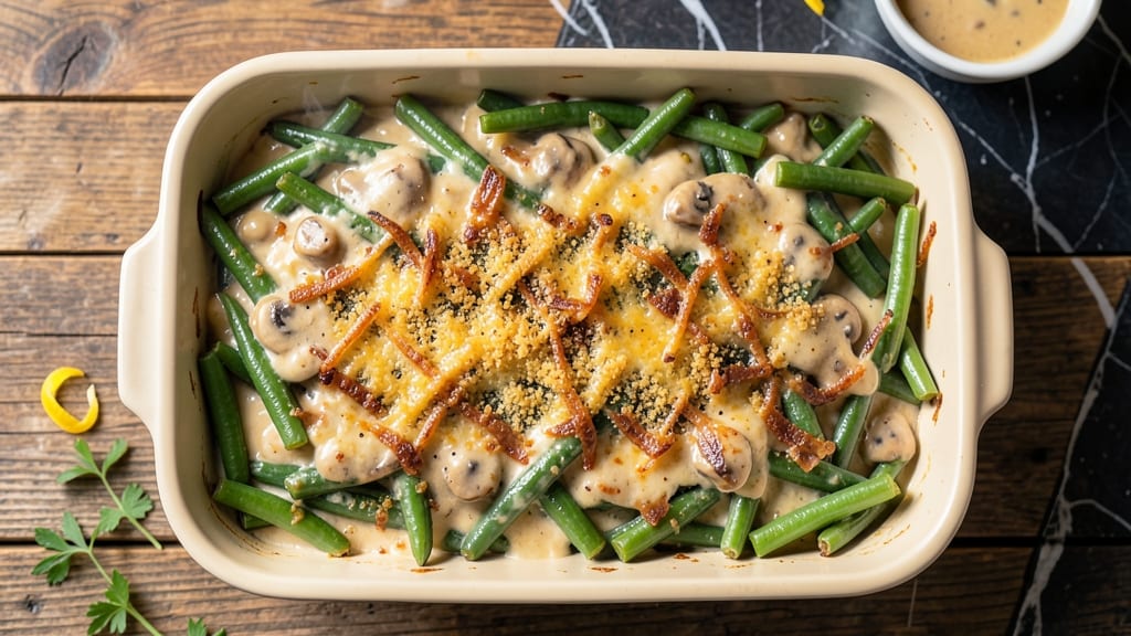 Best Tasting Green Beans Casserole Recipe: Crispy Fried Onions and Creamy Mushroom Topping