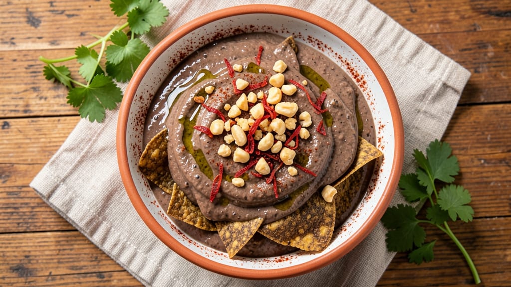 Black Bean Chip Dip Recipe: Crunchy Tortilla Topping Over Smoky Cumin Cheese Base