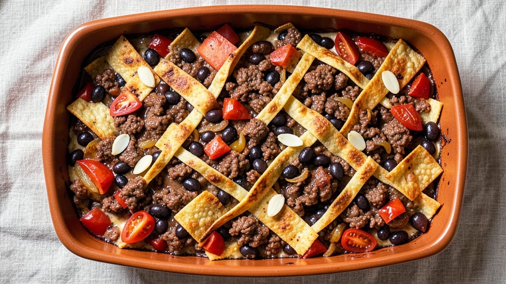 Beef and Black Bean Casserole Recipe: Crispy Tortilla Crowns Over Melted Cheese Rivers