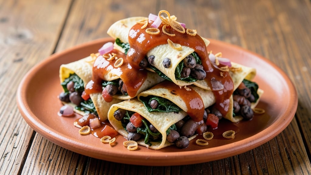 Black Bean and Spinach Enchiladas Recipe: Crispy Tortilla Crunch Over Creamy Cumin Filling