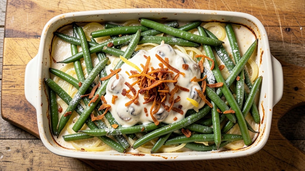 Allens Green Bean Casserole Recipe: Crispy Fried Onions Over Creamy Mushroom Sauce