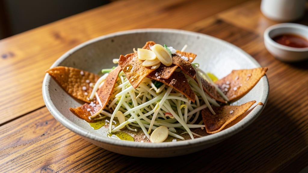 Korean Style Bean Sprouts Recipe: Crispy Tortilla Crowns Over Spicy Garlic Cumin Base