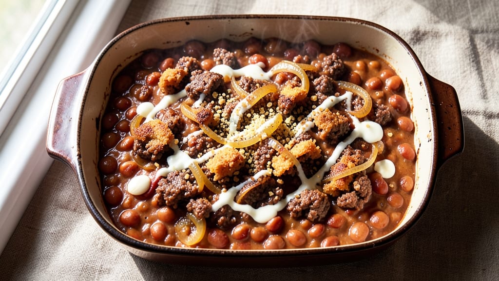 Baked Bean Casserole Recipe: Crock Pot Crisp-Topped Creamy Delight