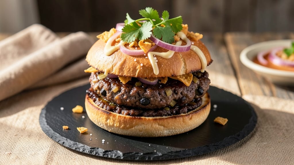 Burger 21 Black Bean Burger Recipe: Spiced Bean Patties With Crispy Tortilla Bites