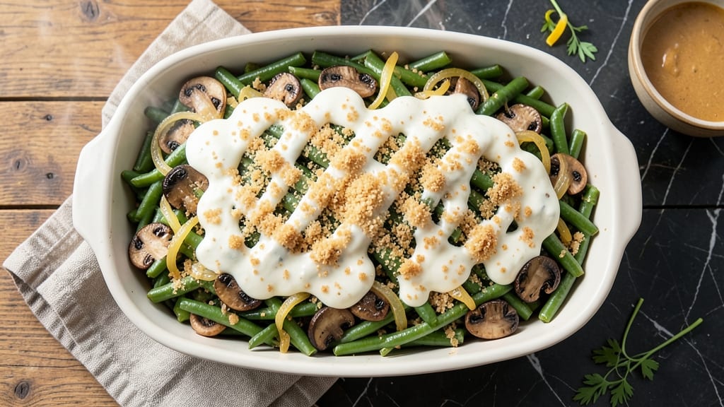 Beat Green Bean Casserole Recipe: Crispy Topping Over Creamy Mushroom Sauce