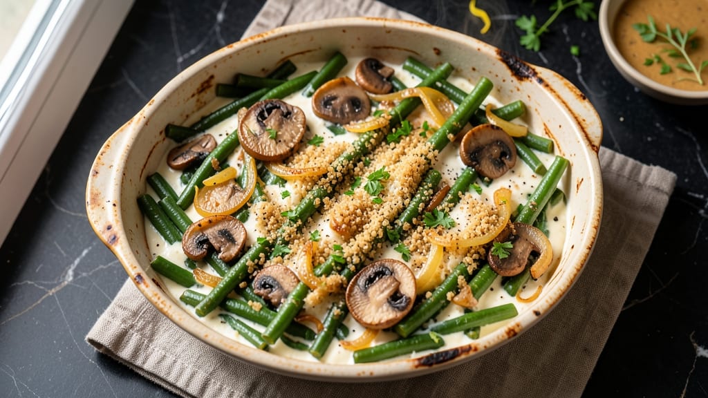 Black Green Bean Casserole Recipe: Crispy Fried Onion Crowns Over Creamy Mushroom Sauce